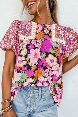 image-Green Bubble Sleeve Lace Trim Floral Blouse
