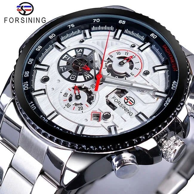 image-Forsining Three Dial Calendar Stainless Steel Men Mechanical Automatic Wrist Watches Top Brand Luxury Military Sport Male Clock
