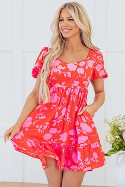 image-Floral Ruffled Bubble Sleeve Sweetheart Neck Mini Dress - Red