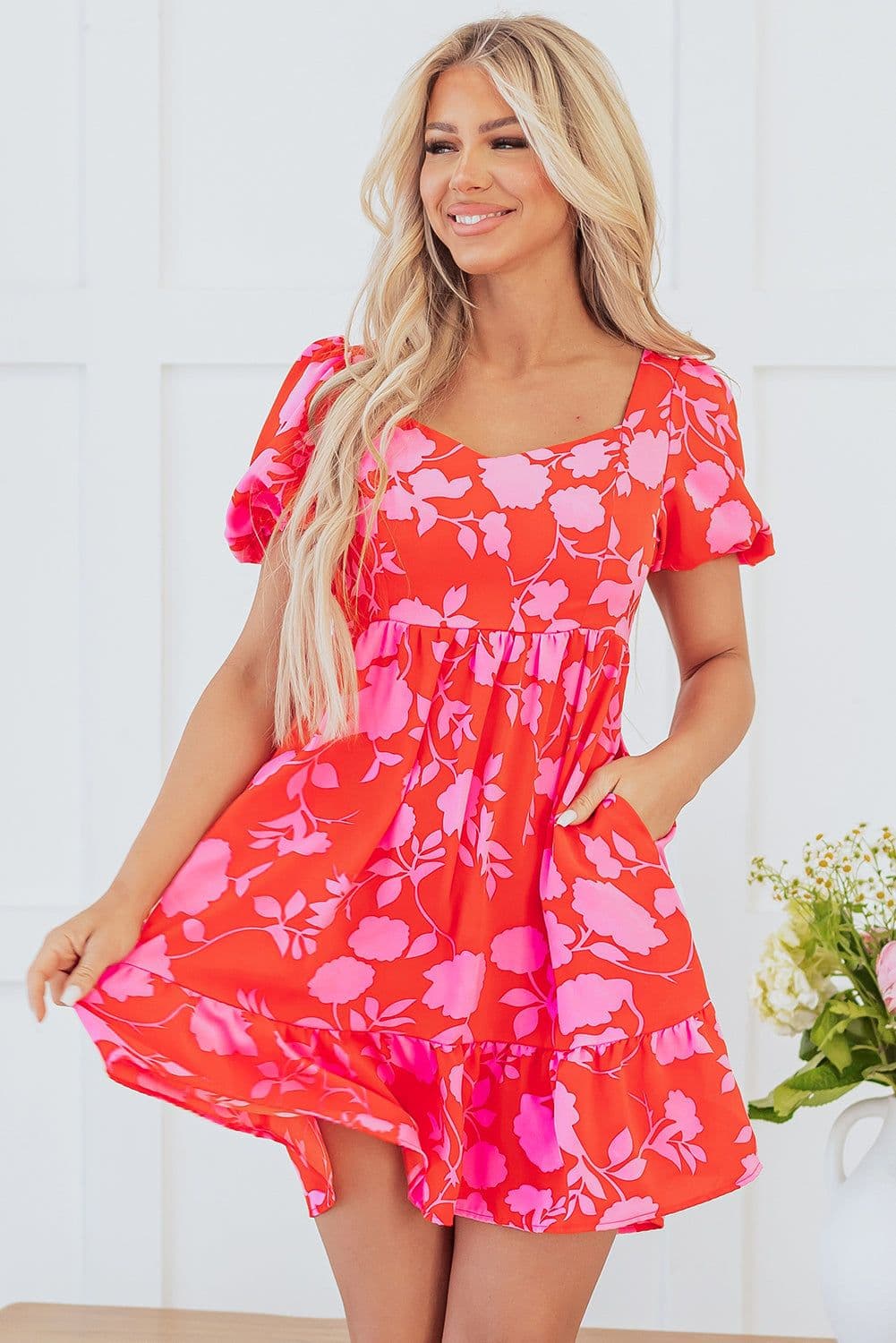 image-Floral Ruffled Bubble Sleeve Sweetheart Neck Mini Dress - Red