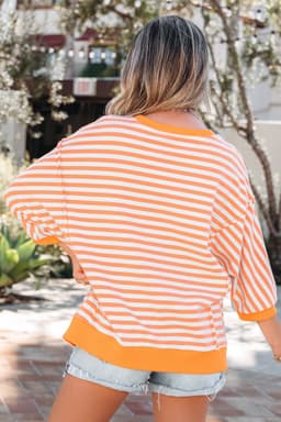 image-Orange Stripe 3/4 Sleeve Patchwork Pullover Top - Casual Fashion Design