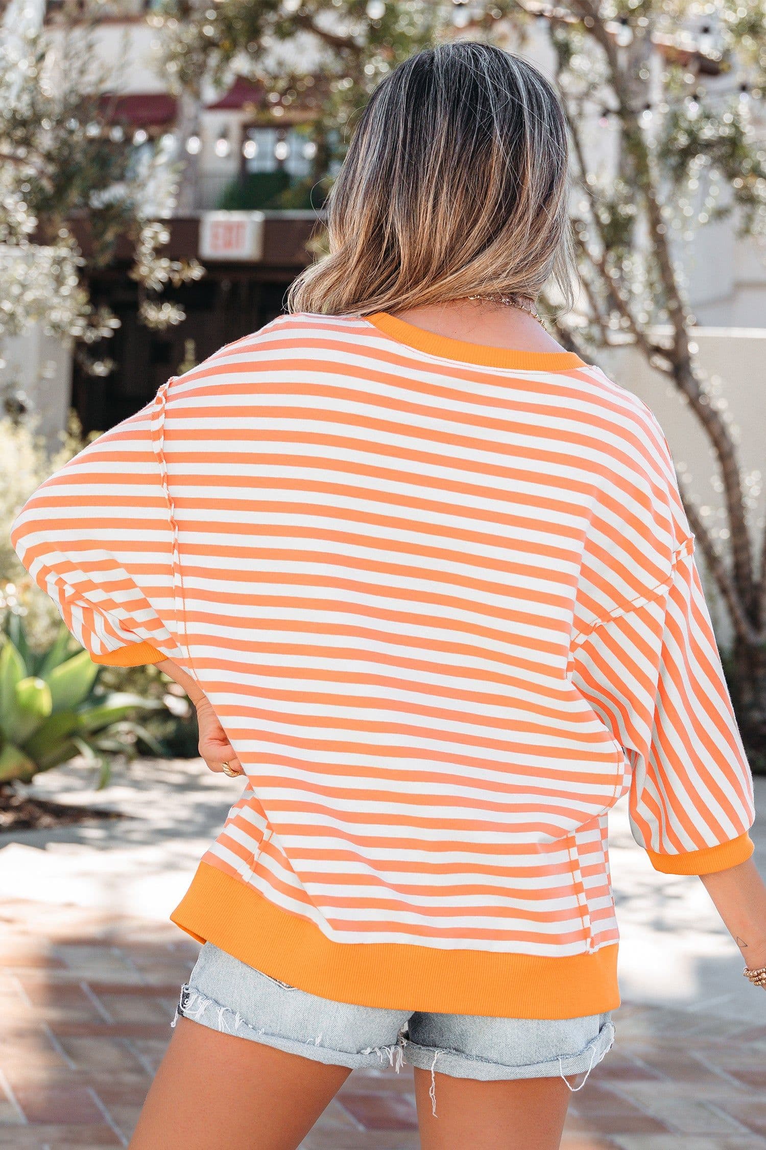 image-Orange Stripe 3/4 Sleeve Patchwork Pullover Top - Casual Fashion Design