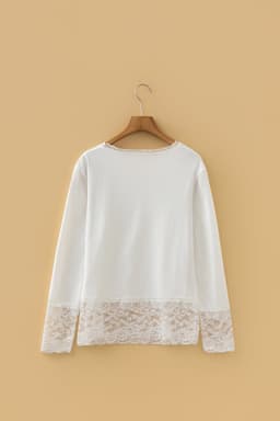 image-White Lace Trim V Neck Long Sleeve Top