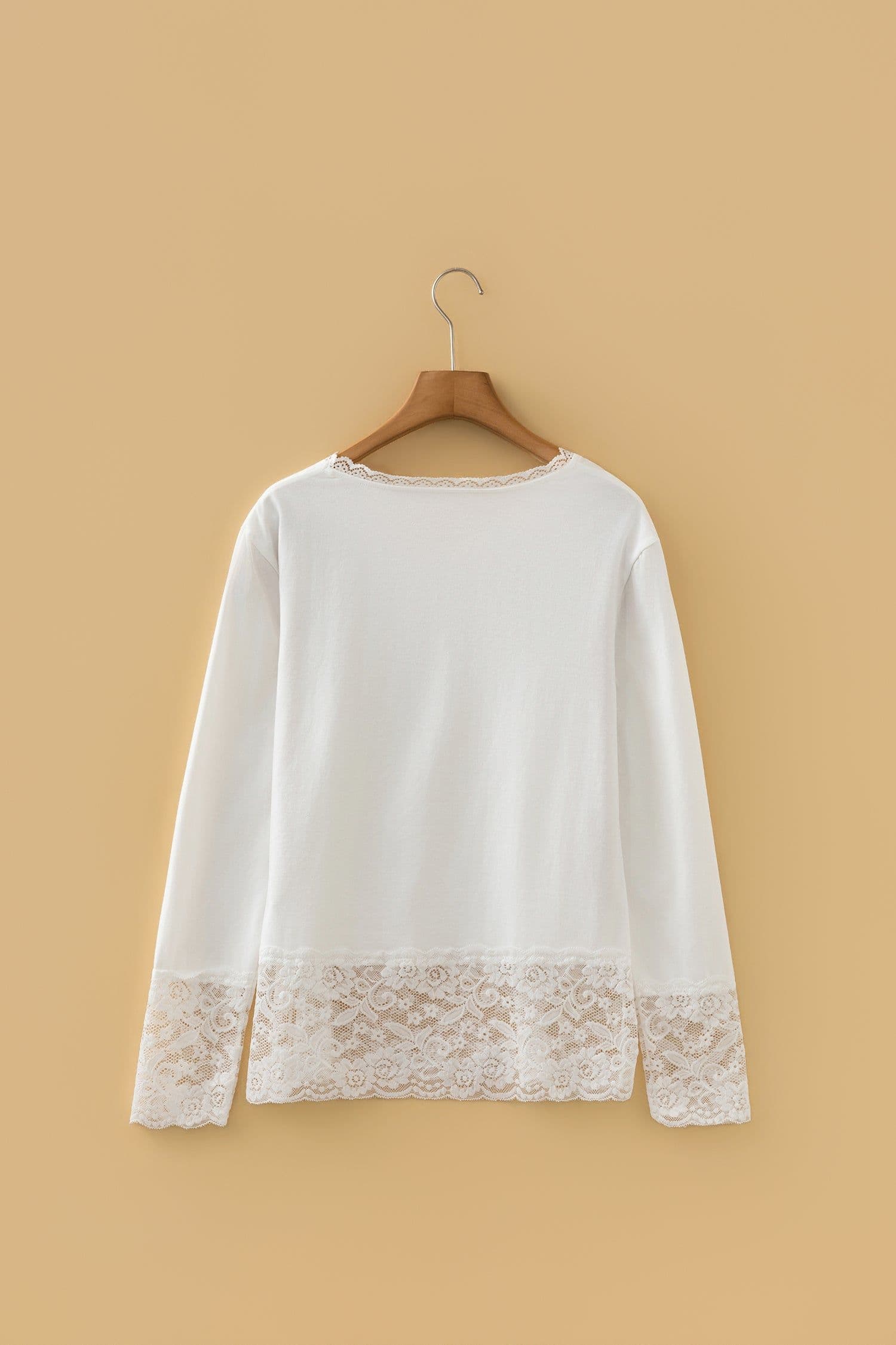 image-White Lace Trim V Neck Long Sleeve Top