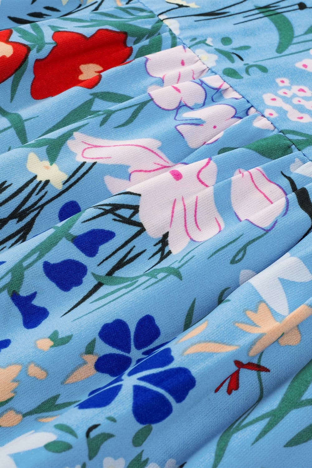 image-Sky Blue Floral Flutter Sleeve V Neck Ruffled Dress