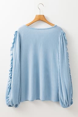 image-Mist Blue Puff Sleeve Corded Blouse with Frilly Detail (56 characters)