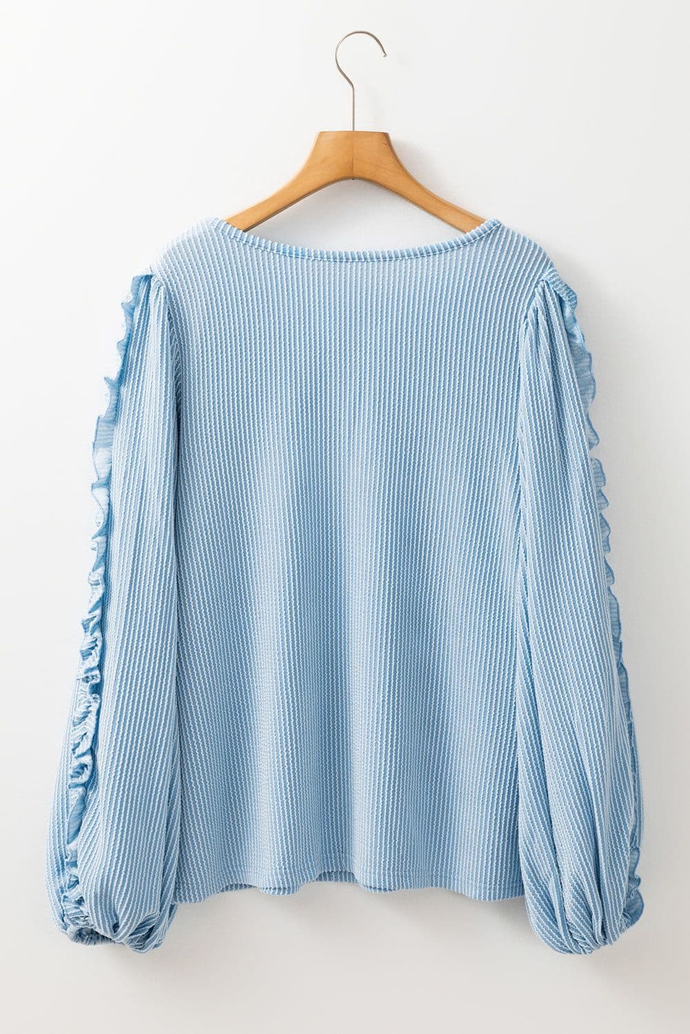 image-Mist Blue Puff Sleeve Corded Blouse with Frilly Detail (56 characters)