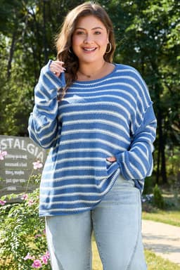 image-Sky Blue Stripe Drop Shoulder Sweater - Plus Size