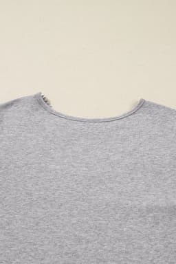 image-Gray Hollowed Lace Ribbed Knit Long Sleeve Patchwork Top
