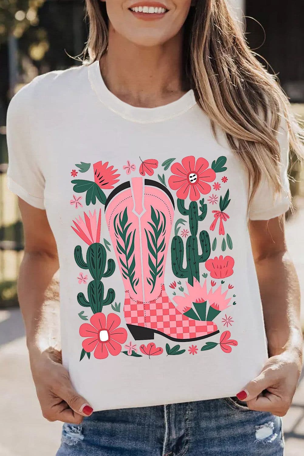 image-White Western Boots Flower Print Round Neck T Shirt