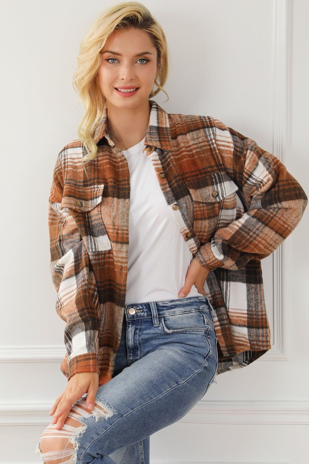 image-Shacket with Pink/Black Plaid Flap Pockets - Chic Style, Loose Fit (65 characters)