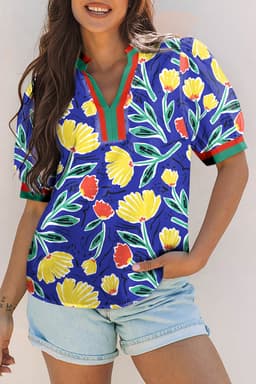 image-Blue Wild Floral Printed Contrast Striped Patchwork V Neck Short Sleeve Blouse