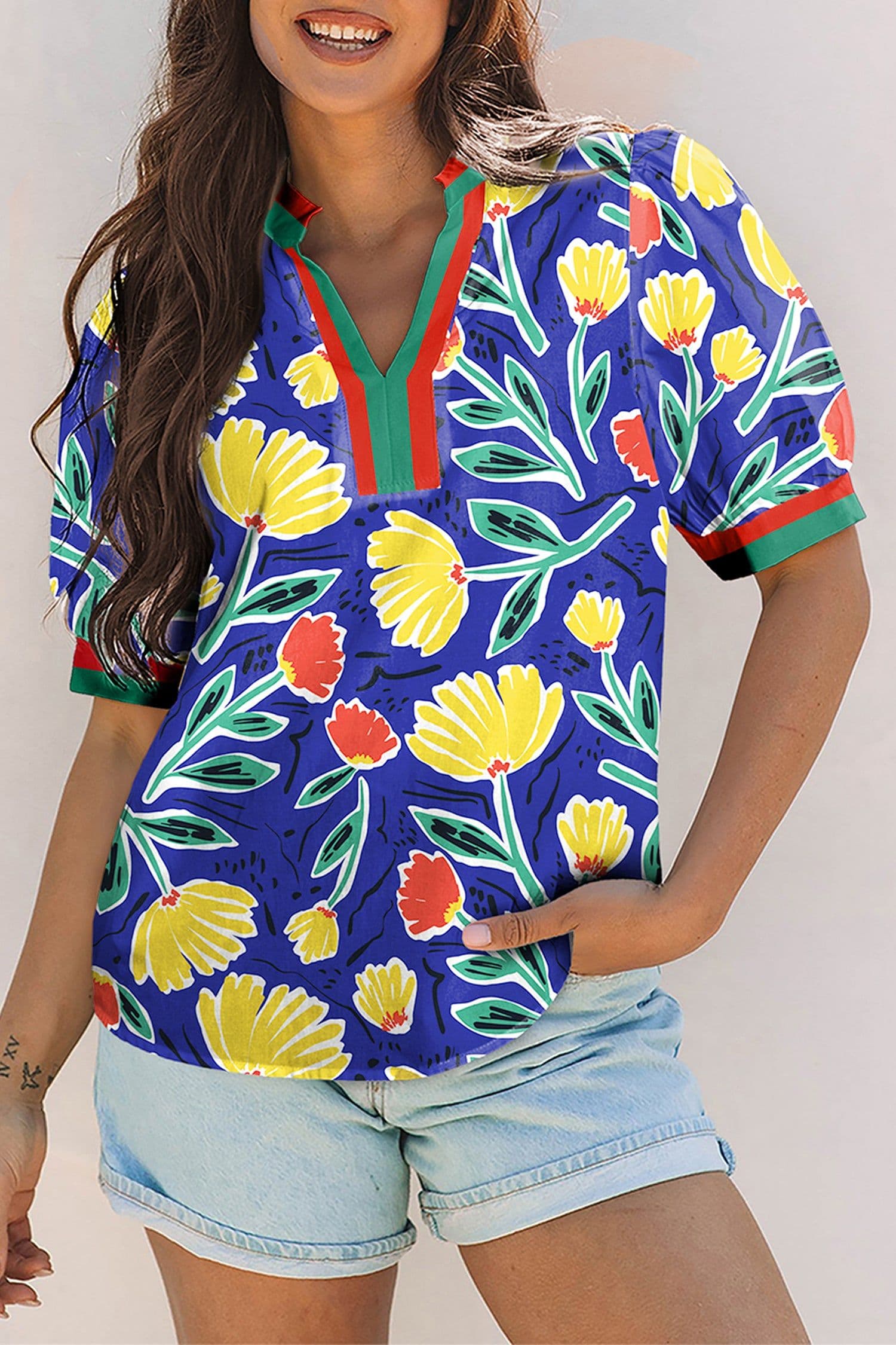image-Blue Wild Floral Printed Contrast Striped Patchwork V Neck Short Sleeve Blouse