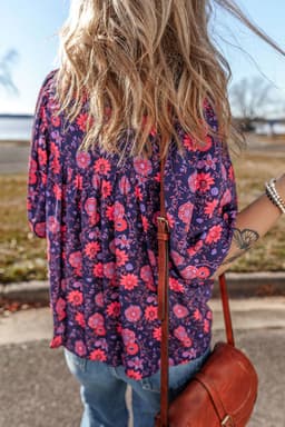 image-Floral Half Sleeve Split Neck Blouse Top - Purple