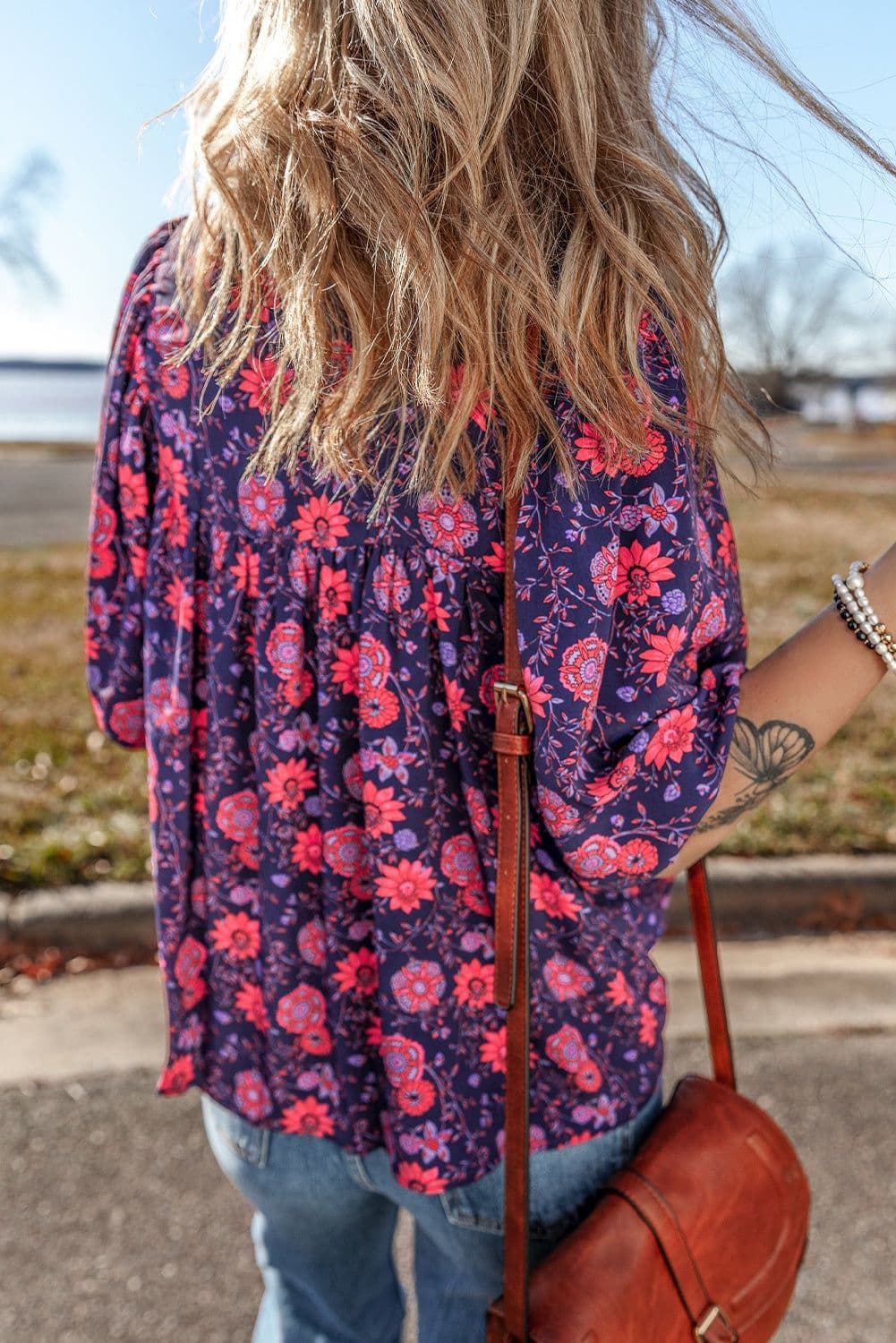 image-Floral Half Sleeve Split Neck Blouse Top - Purple