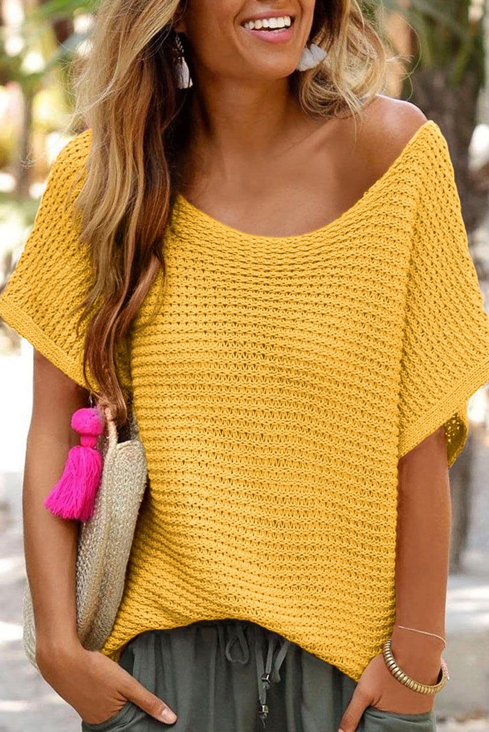 image-Pink Solid Loose Knit Short Dolman Sleeve Sweater