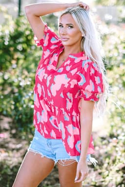 image-Rose Abstract Print Smocked Puff Sleeve V Neck Blouse
