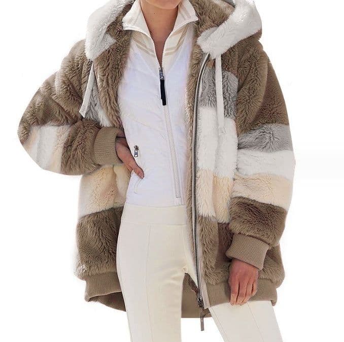 image-Women's Loose Plush Multicolor Hooded Jacket