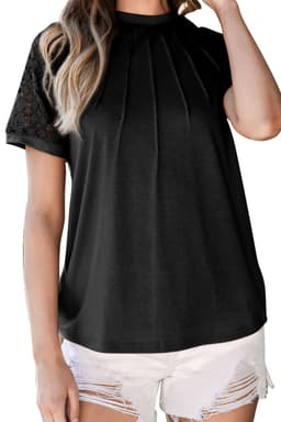 image-Khaki Contrast Lace Raglan Sleeve Tee - Casual Short Sleeve Top