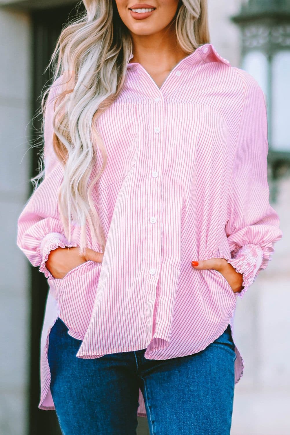 image-Sky Blue Striped Boyfriend Shirt with Pocket - Smocked Cuffs