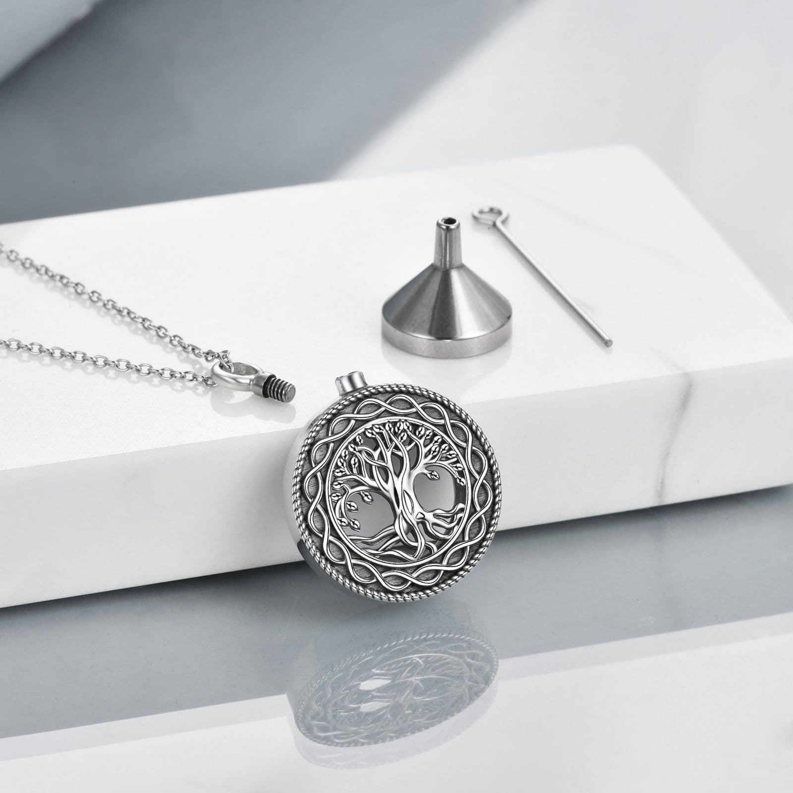 image-Tree of Life Urn Necklace Sterling Silver Circle Cremation Pendant Necklace Family