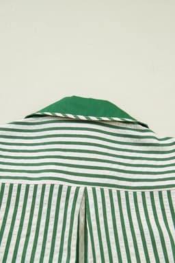 image-Green Stripe Collared Split Neck Bubble Sleeve Blouse