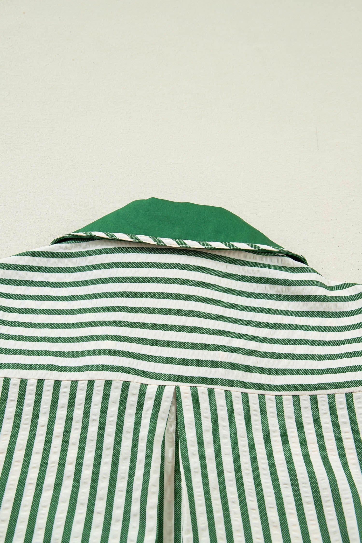 image-Green Stripe Collared Split Neck Bubble Sleeve Blouse