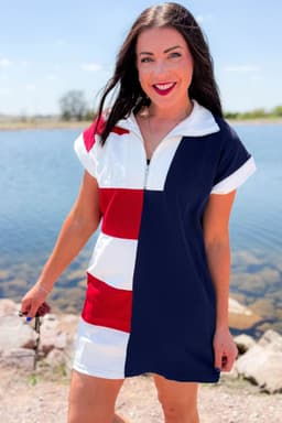 image-Navy Blue Americana Striped Zip Collar T Shirt Dress