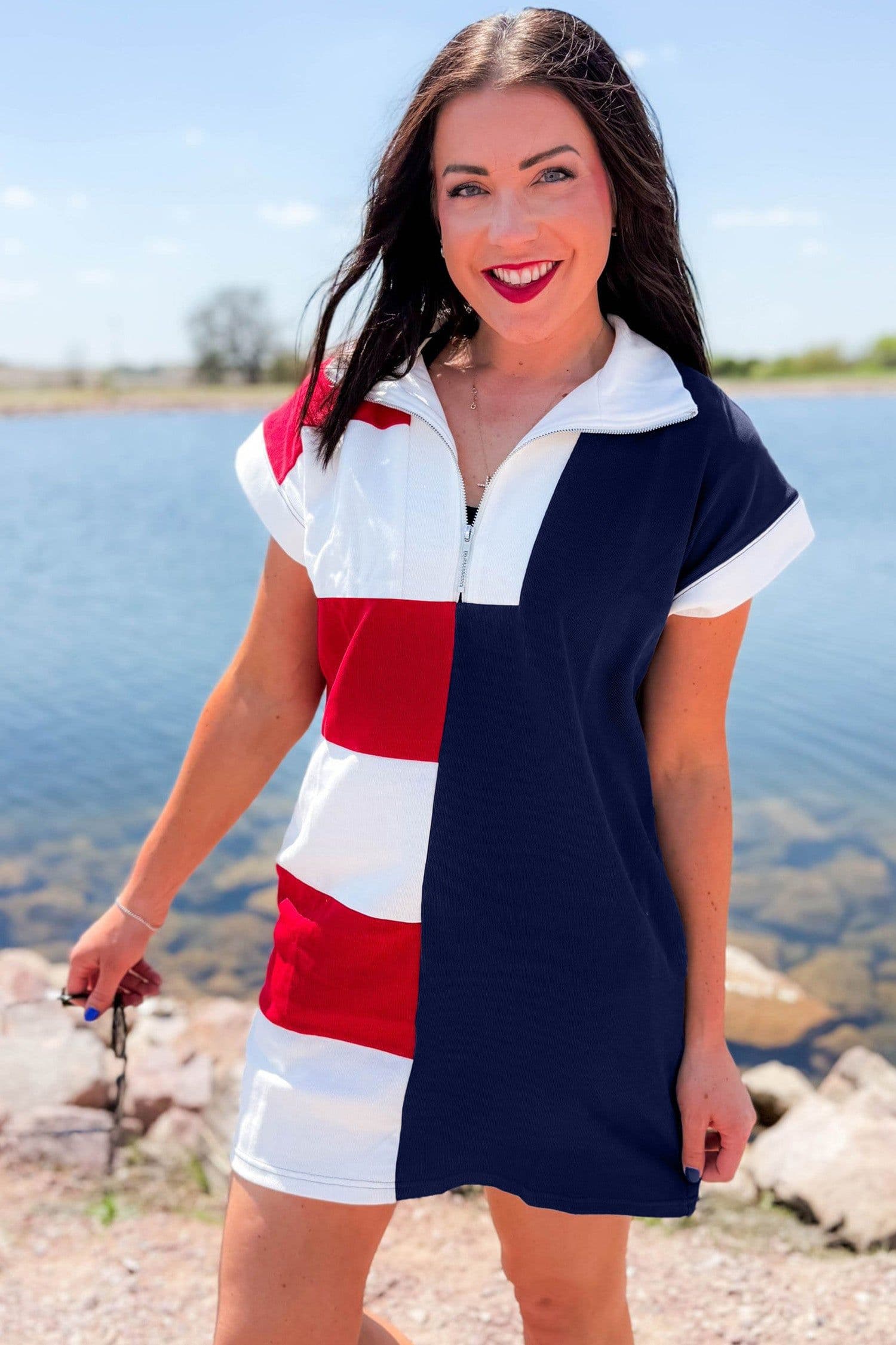 image-Navy Blue Americana Colorblock Stripes Zip up Collared T Shirt Mini Dress