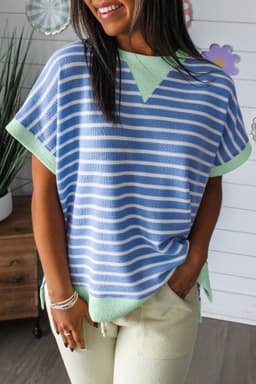 image-Sky Blue Stripe Top - Loose Short Sleeve Contrast Trim - Sizes Available
