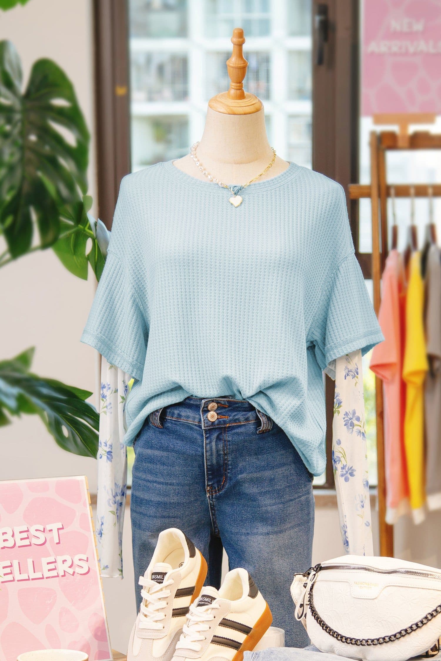 image-Beau Blue Floral Lace Waffle Patchwork Top
