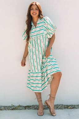 image-Multicolour Striped Floral Print Midi Dress - Split Neck