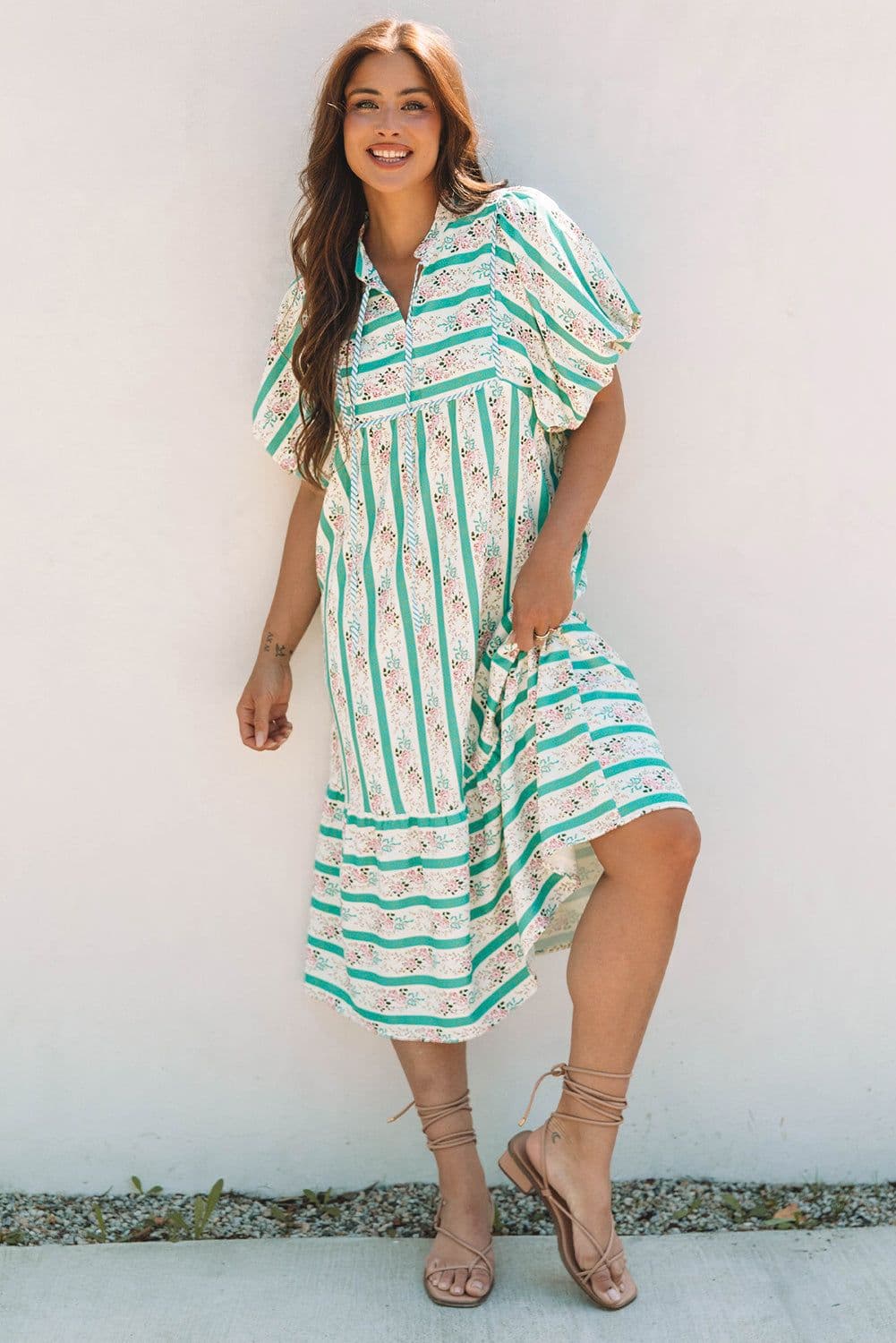 image-Multicolour Striped Floral Print Midi Dress - Split Neck