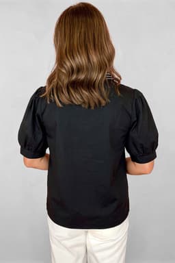 image-Black Short Puff Sleeve Contrast Embroidered Detail V Neck Blouse
