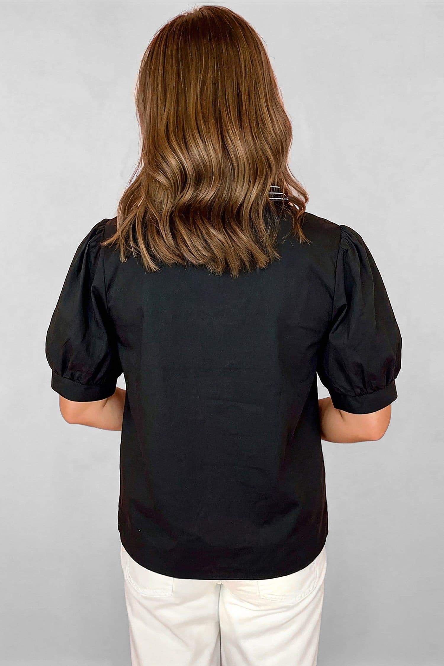 image-Black Short Puff Sleeve Contrast Embroidered Detail V Neck Blouse