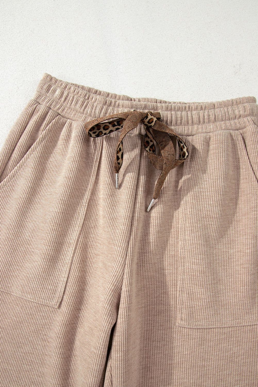 image-Gray Morn Corduroy Leopard Drawstring High Waist Trousers