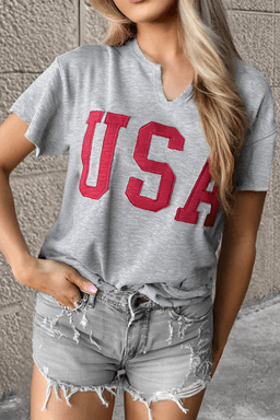 image-Light Grey USA Lettering Patch Notched Neck Loose Tee