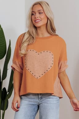 image-Desert Gold Stud Heart Patch Boho Top - Textured Front, XL Size