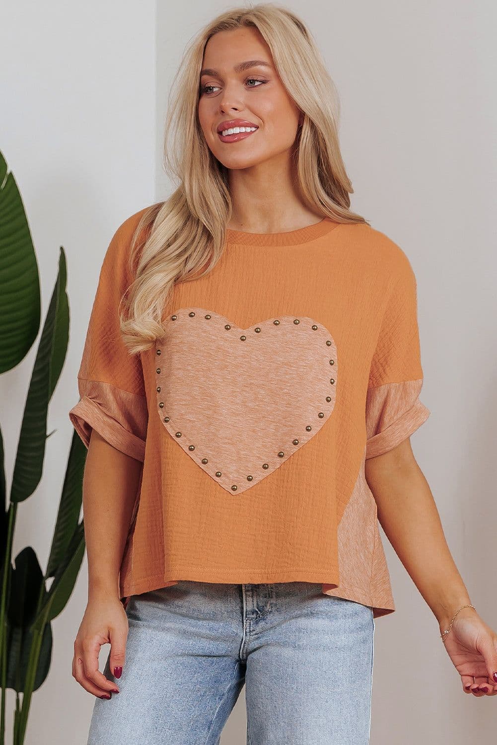 image-Desert Gold Stud Heart Patch Boho Top - Textured Front, XL Size