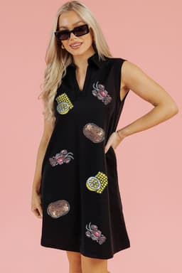 image-Black Sequin Patchwork Mini Dress V Neck