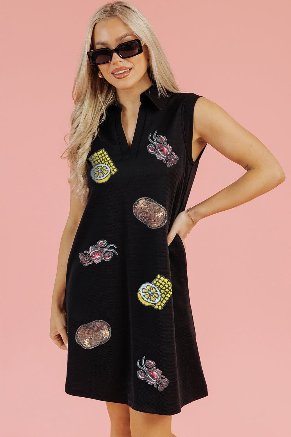 image-Black Sequin Patchwork Mini Dress V Neck