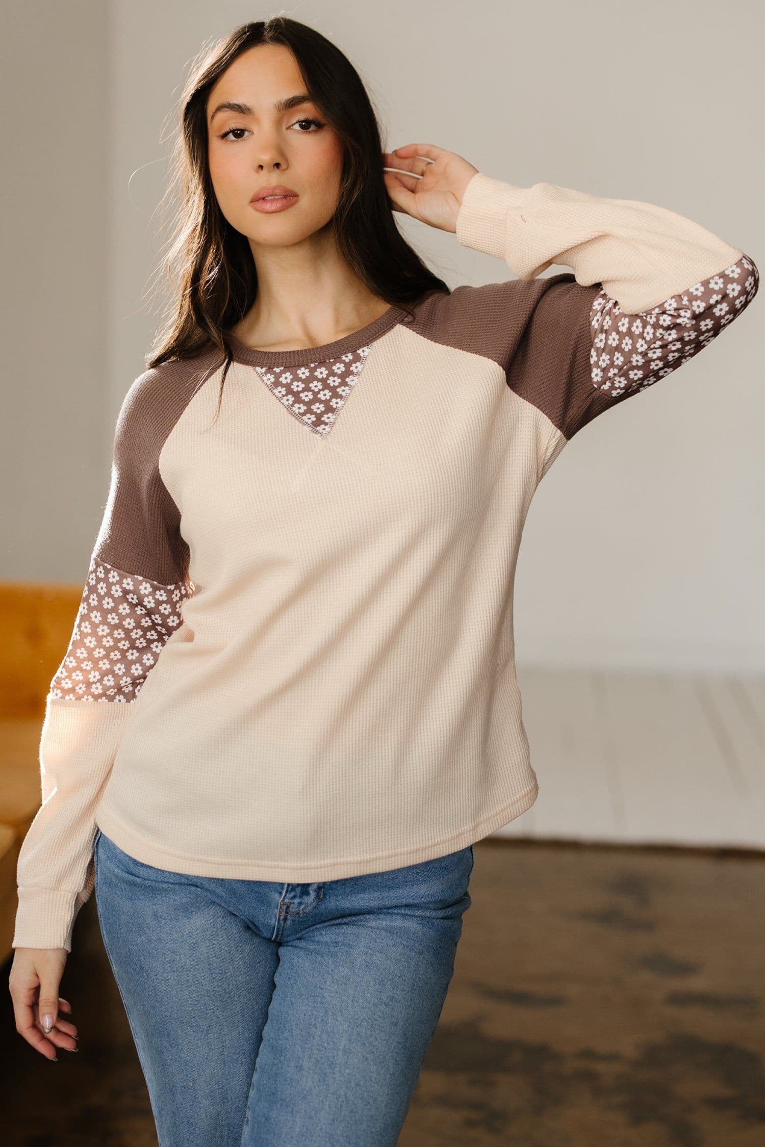 image-Brown Floral Patchwork Long Sleeve Top