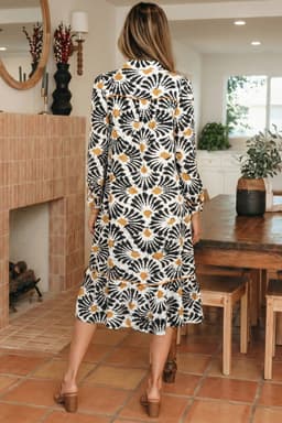 image-Black Abstract Floral Long Dress - V Neck Sleeves