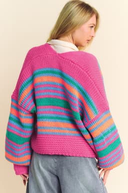 image-Rose Stripe Colorful Puff Sleeve Drop Shoulder Loose Cardigan