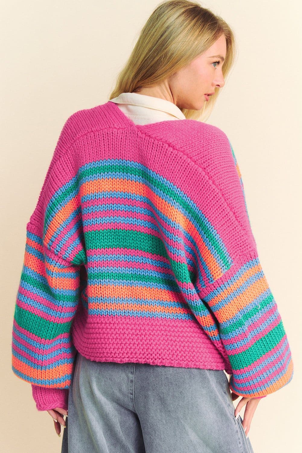 image-Rose Stripe Colorful Puff Sleeve Drop Shoulder Loose Cardigan
