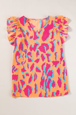 image-Abstract Print V-Neck Blouse - Orange Ruffled Sleeves