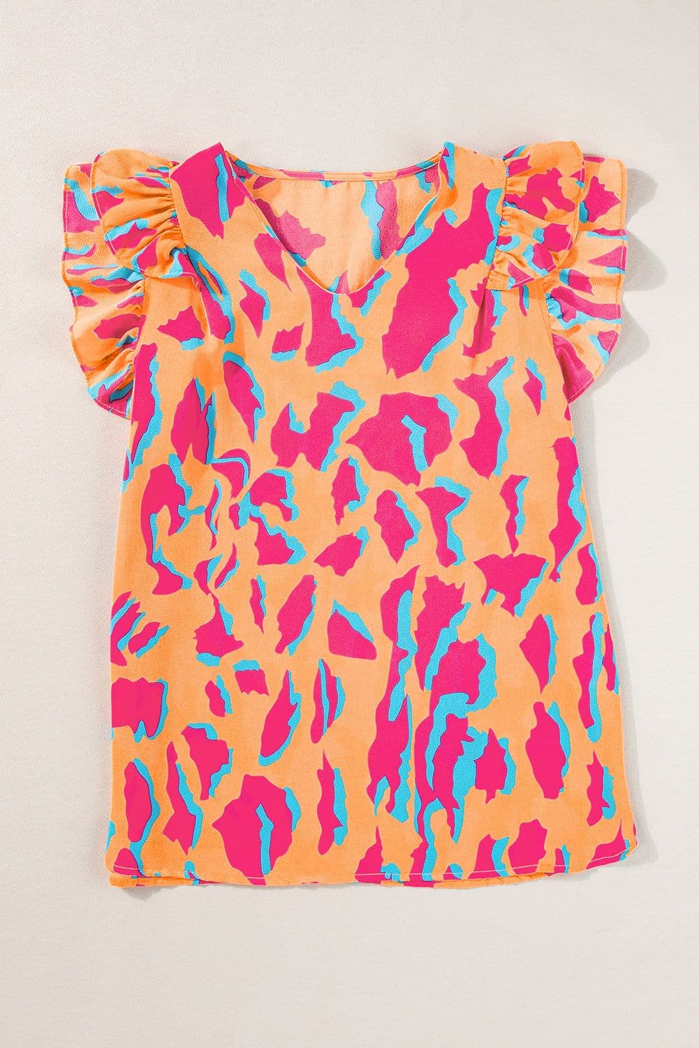 image-Abstract Print V-Neck Blouse - Orange Ruffled Sleeves