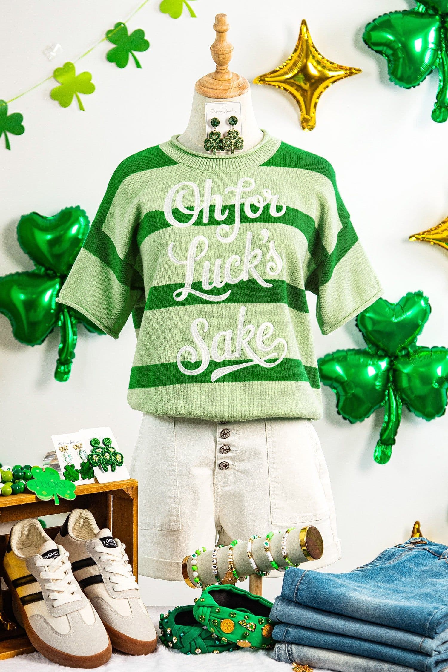 image-Green Stripe Oh for Lucks Sake St Patricks Day Short Sleeve Sweater