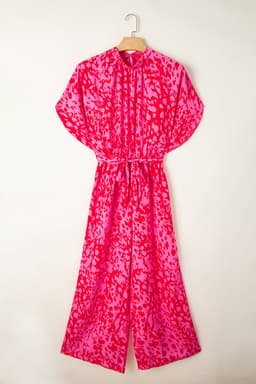 image-Leopard Print Wide Leg Jumpsuit - Rose Belted Loose Fit