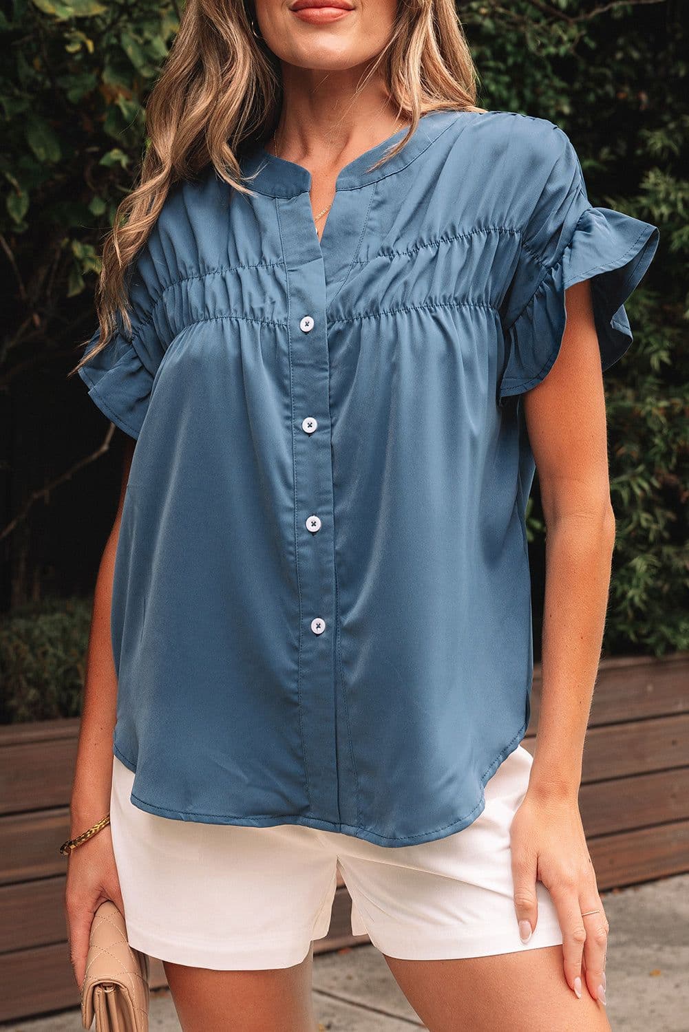 image-Real Teal Ruffle Ruched Buttoned Shirt